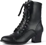 [Pixoecuty] Short Ankle Boots Lace Up for Women Side Zipper Victorian Booties Block Chunky Mid Heel