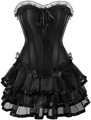 [SWEPER] Women's Bustier Corset Top - Women Sexy Corsets Plus Size Lace Up Satin Overbust Burlesque Corset and Skirt Set Tutu Corselet Dress Gothic Gowns Black