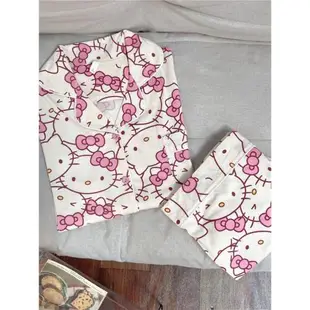 凱蒂貓純棉睡衣女2023夏季新款短袖卡通可愛少女開衫家居服套裝