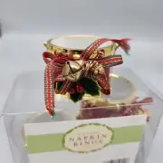 Christmas Drum Napkin Rings Red Green Gold Beads Cords Set Of 4