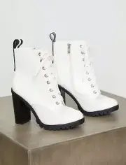 BCBGeneration Women's WHITE Pauline Faux Leather Combat Bootie, US 7.5M