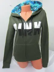 NEW Victoria Secret Pink TROPICAL PALM Army Green JACKET HOODIE SWEAT SHIRT S L
