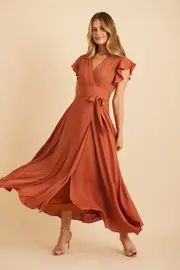 Women's Special Occasion Wynter Maxi Dress Cap Sleeve in Orange Rust Chiffon 8