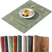 Univo Colors Washed Cowhide Pattern PU Leather Placemats Set of 6 Heat Resistant Kitchen Table Mats, Waterproof Wipeable for Party Decoration(Green)