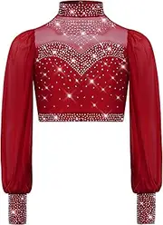 [inhzoy] Kids Girls Sparkly Lyrical Belly Dance Crop Top Sheer Mesh Long Sleeve Shirts Performance Costume
