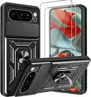 [CONAPIKA] Case for Google Pixel 9 Pro XL, 360 Full Body Protective Cover [Rotating Magnetic Car Bracket][Camera Protection Sliding Cover] Hybrid Soft TPU+Hard PC Case with 2 Tempered Glass,Black