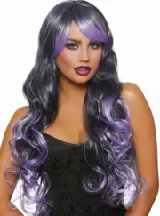 Two Toned Purple Womens Long Wavy Costume Wig with Side Fringe