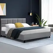 Artiss Queen Bed Frame Platform Checkered Headboard Wooden Beds Base Frames Bedroom Room Decor Home Furniture, Upholstered with Grey Faux Linen Fabric + Foam + Wood, Modern Design