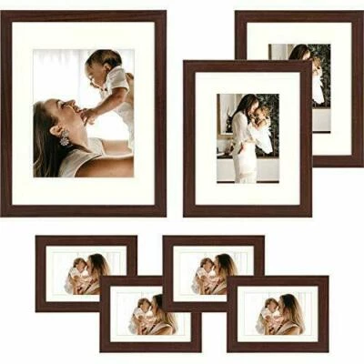 Walnut Gallery Wall Frame Set of 7 for Four 5x7, Two 8x10, One 11x14 with Glass