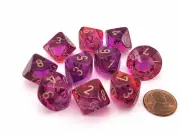 Set of 10 Chessex Gemini D10 Dice - Translucent Red-Violet with Gold Numbers