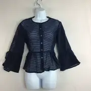 PAUL & JOE Sister Women's Blue Striped Mesh Front Button Blouse Top Size 3 L