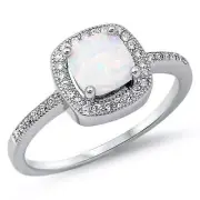 Halo Sterling Silver Lab Created White Opal Gemstone Ring