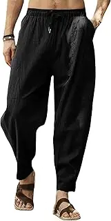 [Gafeng] Mens Linen Harem Pants Casual Loose Fit Beach Drawstring Elastic Waist Yoga Trousers with Pockets