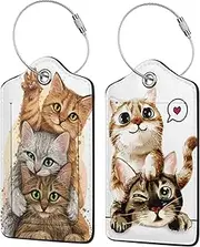 [Wvpslak] 2 Pack Luggage Tags for suitcases Cute Funny cat Luggage Tag, Leather Stainless Steel Loop Label Tag for Men Women Travel Bag Suitcase（2 cat）
