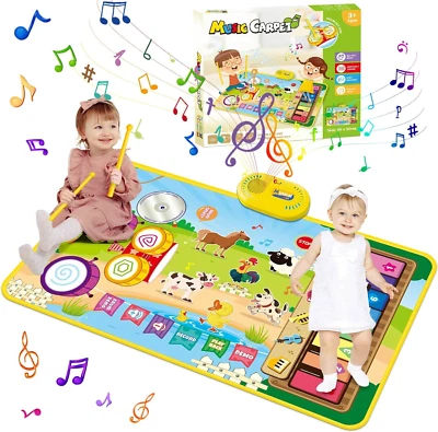 Piano Drum Kids Play Mat, Farm Piano Keyboard & Drum Set with 2 Drum Sticks, 3-I
