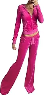 [HBER] Women's 2 Piece Velour Tracksuit Set Heart Print Long Sleeve Zipper Hoodie Cropped Jacket and Sweatpants Y2K Sweatsuit Set