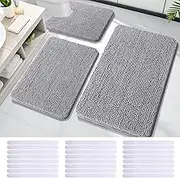 Bathroom Mat,Bathroom Rugs Sets 3 Piece,Soft Absorbent Chenille Bath Mat with 24 Piece Bathtub Non Slip Stickers,U-Shaped Contour Toilet Rug,Bath Mats for Bathroom,Tub,Grey