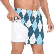 [GuoChe] Men's Swimming Trunks Men Lined Workout Running Shorts Argyle Plaid Blue White with Pockets and Compression Liner Mens