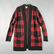 Christian Siriano Cardigan Womens Medium Red Plaid Duster Cozy Soft Open Front