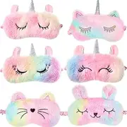 6 Pieces Rainbow Eye Mask Plush Eye Cover Unicorn Sleep Mask Bunny Blindfold Cat Sleep Eye Cover Soft Funny Sleeping Eye Shade Unicorn Sleeping Masks for Girls Kids Adults Travel