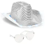 White Light Up Cowboy Hat and Glasses - Sparkly Disco Cowgirl Hat - Sequin Co...