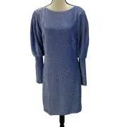 Aidan Mattox Long Puff Sleeve Boat Neck Glitter Midi Dress - Blue - size 12