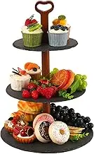Flenpptly Tiered Tray Stand, Slate & Wood 3 Tier Serving Tray with Handle, Tiered Serving Tray for Party Decor, Tiered Cupcake Stand for Dessert Display, Wedding, Birthday, Events