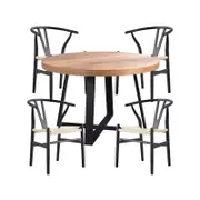 Petunia 5pc 120cm Round Dining Table Set 4 Wishbone Chair Elm Timber Wood