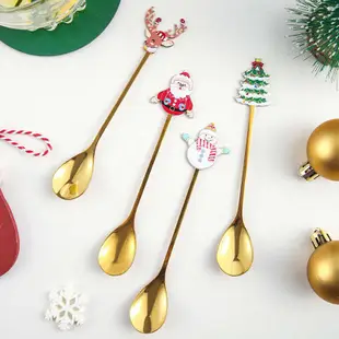 不鏽鋼勺子 耶誕限定可愛甜品勺 咖啡攪拌勺 家用餐具 卡通水果叉子甜品叉勺咖啡勺攪拌勺 甜品勺子