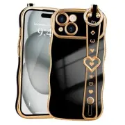 for Case for Women Girls, Wave Frame with Strap Cute Love-Heart iPhone 15 Black