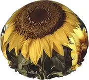 Yellow Sunflower Floral Shower Cap Reusable Waterproof Shower Bonnet for Women Men Elastic Band Bath Hair Hat Double Layered Washable Bath Cap for All Hairstyles, Travel-Friendly