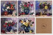 Floral Ceramic Tile Coaster for Drinks, Set of 6, 4.25” x 4.25” Square Drink Coasters with Cork Backing, Stain-Resistant, Sweat-Proof, Decorative Coasters Unique Australian Art