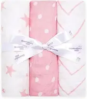 Bloomsbury Mill - Pack of 3 – Muslin Cloth for Baby Swaddles - 100% Pure Organic Cotton Muslin Baby Blanket in Gifting Ribbon – Baby Essentials for Newborn – Pink & White - 120cm x 120cm