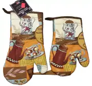 Set of 2 Different sizes Printed Large Oven Mitts, COFFEE, TEAPOT & CUP by HD