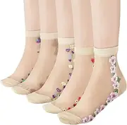 [ecdiykit] 5 Pairs Sheer Socks Women - Lace Trouser Mesh Socks, Summer Ultrathin Crystal Glass Stocking, Sheer Ankle Transparent Fishnet Vintage High Mid Calf Sock for Girls Women White with flower