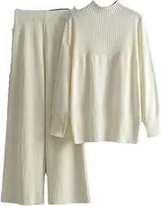 [HEYDHSDC] Women Casual Knitting Two Pieces Sets O Neck Split Sweater+Stripe Long Pants Suits