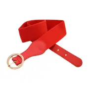 Women Red Color Elastic Skinny Band Fashion Belt Gold Circle Metal Buckle S M