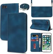 Cavor Flip Cover for iPhone 7/8 Case iPhone SE 2020/ SE 2022 Crossbody Wallet Case Women Man PU Leather Magnetic Shoulder Lanyard with Card Slots Kickstand Protective Phone Cases-Long Strap Navy Blue