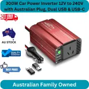 300W Car Power Inverter 12V to 240V with Australian Plug, Dual USB & USB-C - Red
