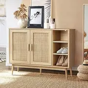 [OIKITURE] Shoe Cabinet Shoes Storage Cabinet Shelves Rack Organiser Sideboard Shelf Drawer Rattan Home Furniture with Oak Wood Legs and Handles 100CM