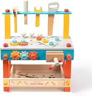 Mini Wooden Play Tool Workbench Set for Kids & Toddlers,Building Pretend-Play-Toys with Wrench,Screwdriver,Miter Saw and Hammer,Birthday for Boys Girls 3 Year Old and Up