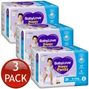 3 x Babylove Nappy Pants Size 4 Toddler 9-14Kg Unisex Disposable Nappies 28 Pack