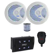 Pyle Marine Bluetooth Controller w/Mic, 2x 6.5'' 150W LED Speaker (White), Wire