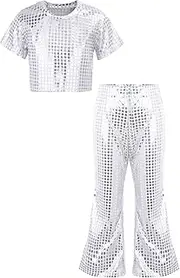 [Jugaoge] Kids Girls Shiny Sequins Jazz Hip Hop Dance Costume Crop Top with Flared Pants Outfits for Disco Performance