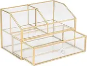 HARLIANGXY Make Up Organiser Gold, Cosmetic Organiser with Drawers, Beauty Organiser Glass, Vintage Dressing Table Storage Box, Cosmetic Organiser for Skin Care, Cosmetics (Gold)