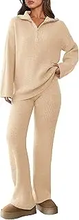 [PRETTYGARDEN] Women's 2 Piece Sweater Set Pullover Quarter Zip Sweatshirt Wide Leg Pants Outfit Knit Loungewear, Beige, X-Large