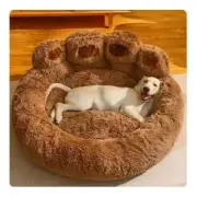Diameter 90cm Brown Plush Dog Bed with Paw Design -