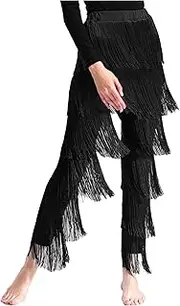 [FEESHOW] Women's Tassels Fringed Latin Dance Pants Rumba Tango Salsa Trousers Performance Costume
