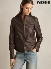 Reiss Chocolate Brown Allie Leather Collarless Biker Jacket (F19673) | $670