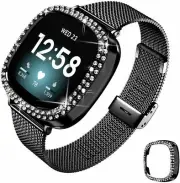 Stainless Steel Watch Band For Fitbit Versa 2 3 Wrist Strap + Bling Crystal Case